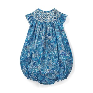 Coco Romper with White Horses Hand Smocking made with Liberty Margaret Annie Azure