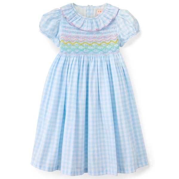 Katherine Johnson Dress Blue Sky Gingham with Rainbow Hand Smocking Katherine Johnson Dress Blue Sky Gingham with Rainbow Hand Smocking