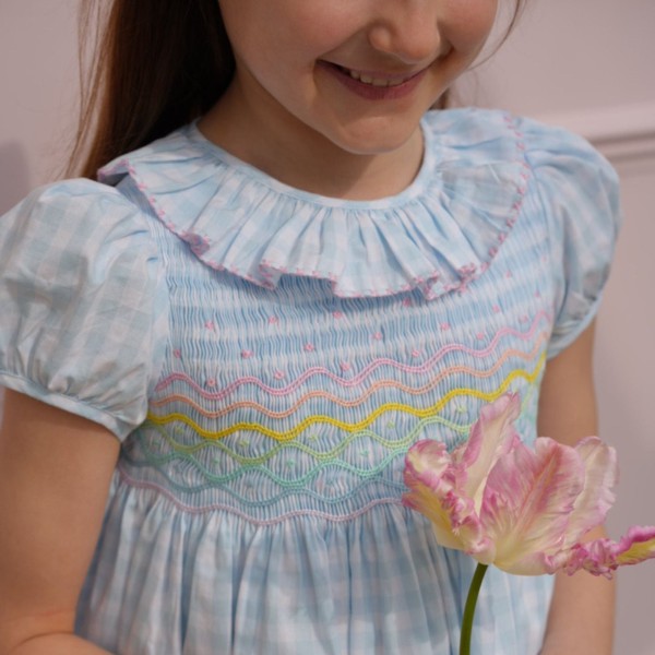 Katherine Johnson Dress Blue Sky Gingham with Rainbow Hand Smocking Katherine Johnson Dress Blue Sky Gingham with Rainbow Hand Smocking