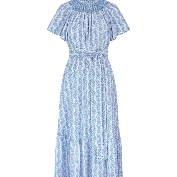 Colette Dress Passionflower Trellis with Delphinium Blue Hand Smocking